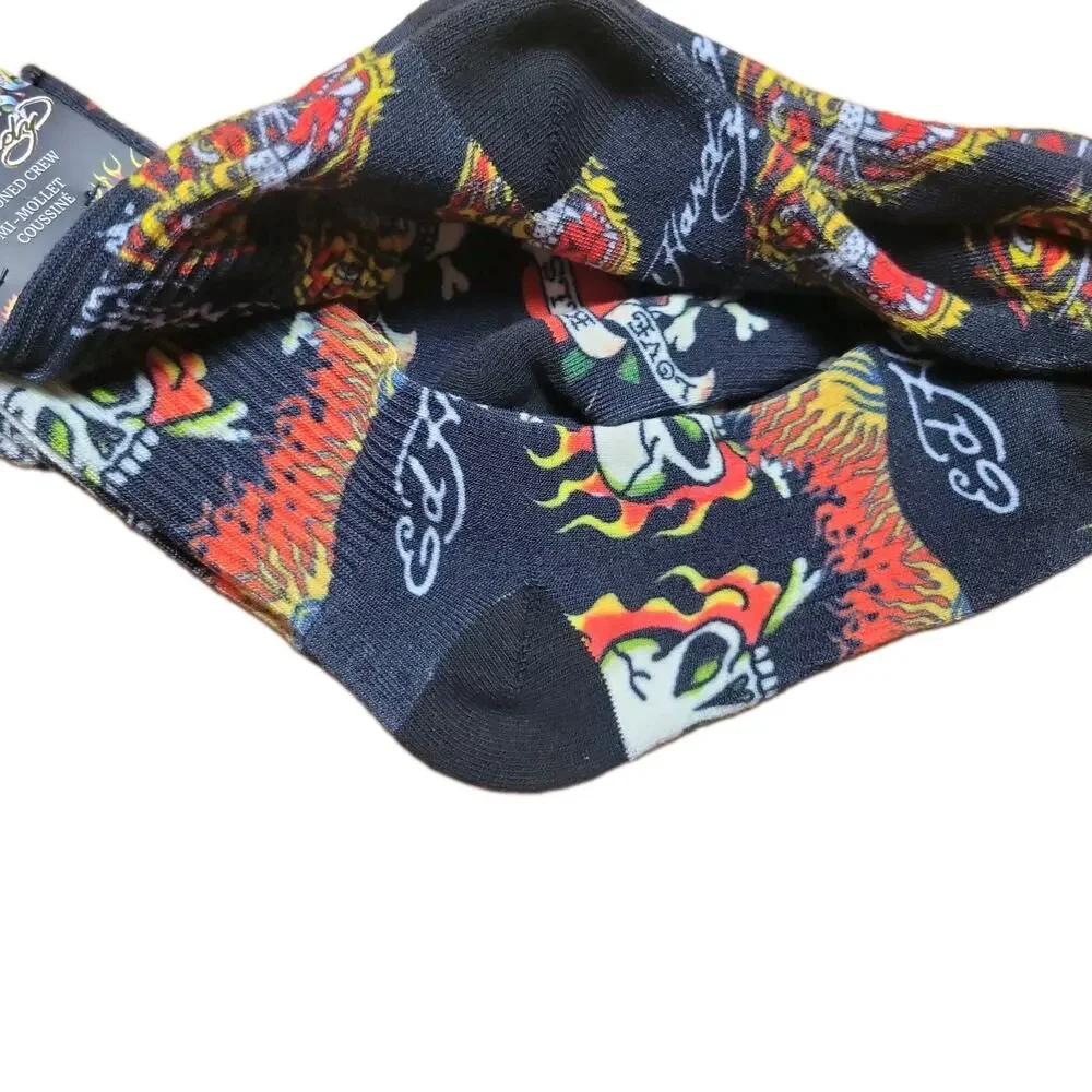 Ed Hardy 3pack Men's Cushioned Crew Socks skulls Tigers flames size 6-12 NEW